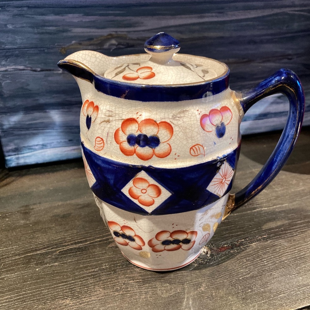 Source Unknown Blue and Orange Ceramic Pitcher